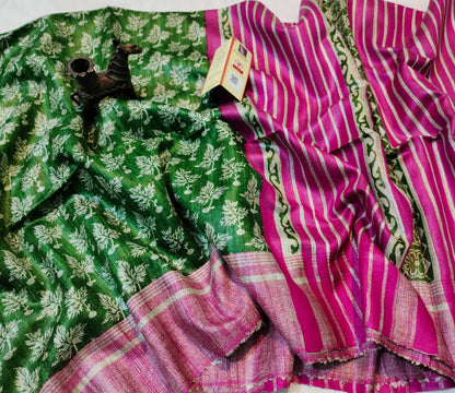  Green Pure Tassar Ghicha Printed Saree | Peepal clothing