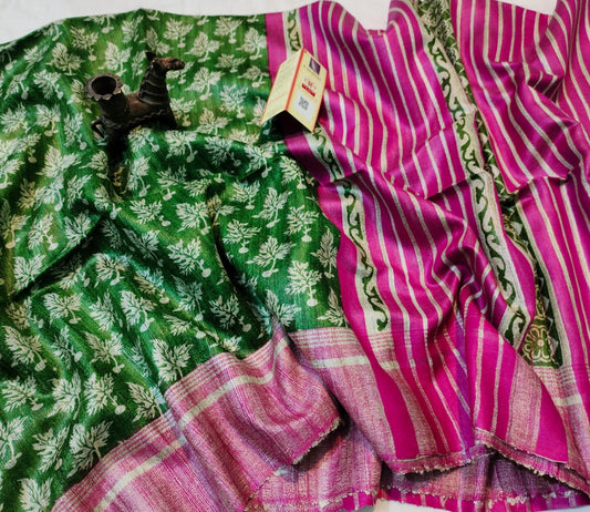  Green Pure Tassar Ghicha Printed Saree | Peepal clothing