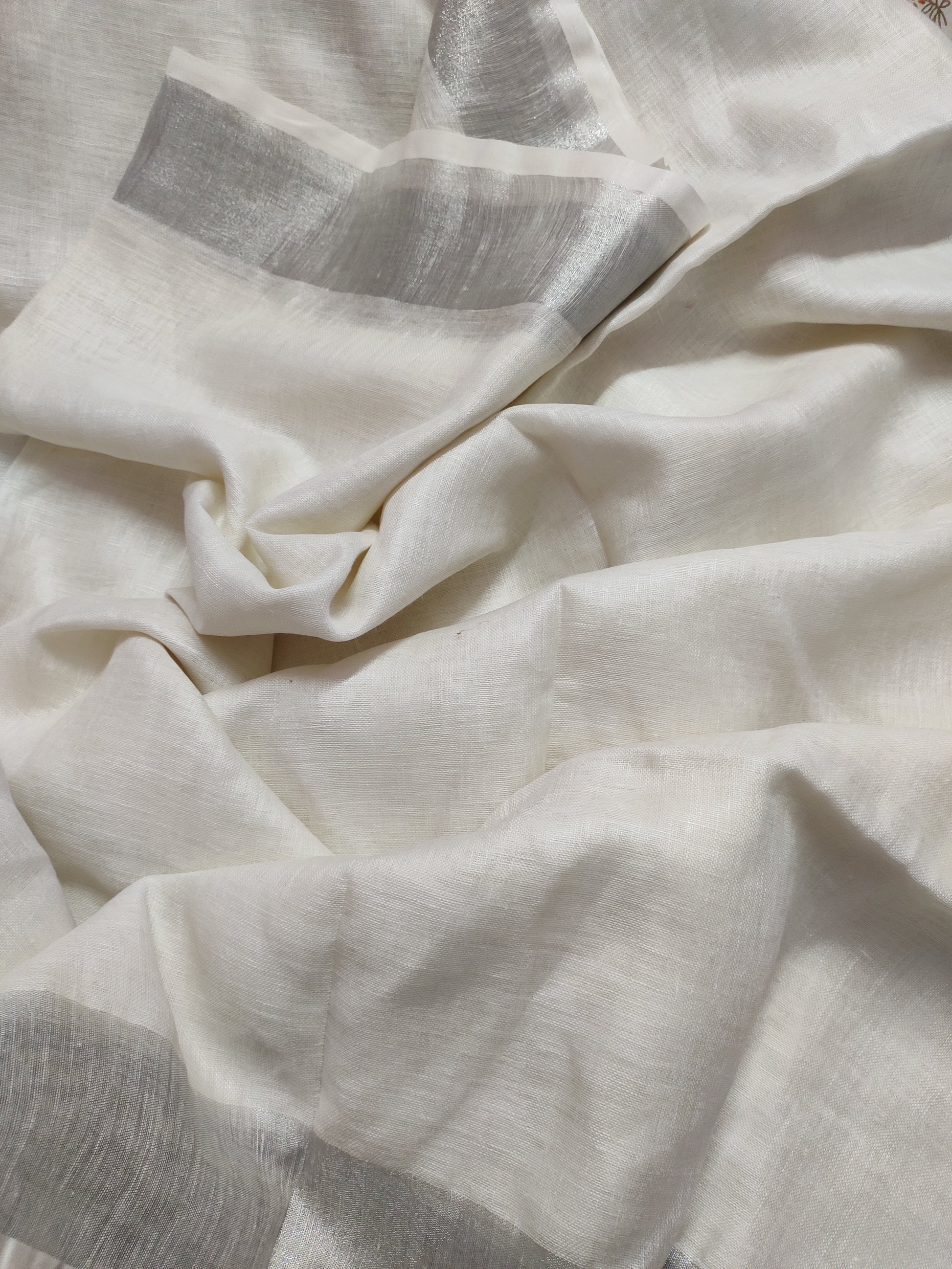 White Embroidered Pure Linen Saree