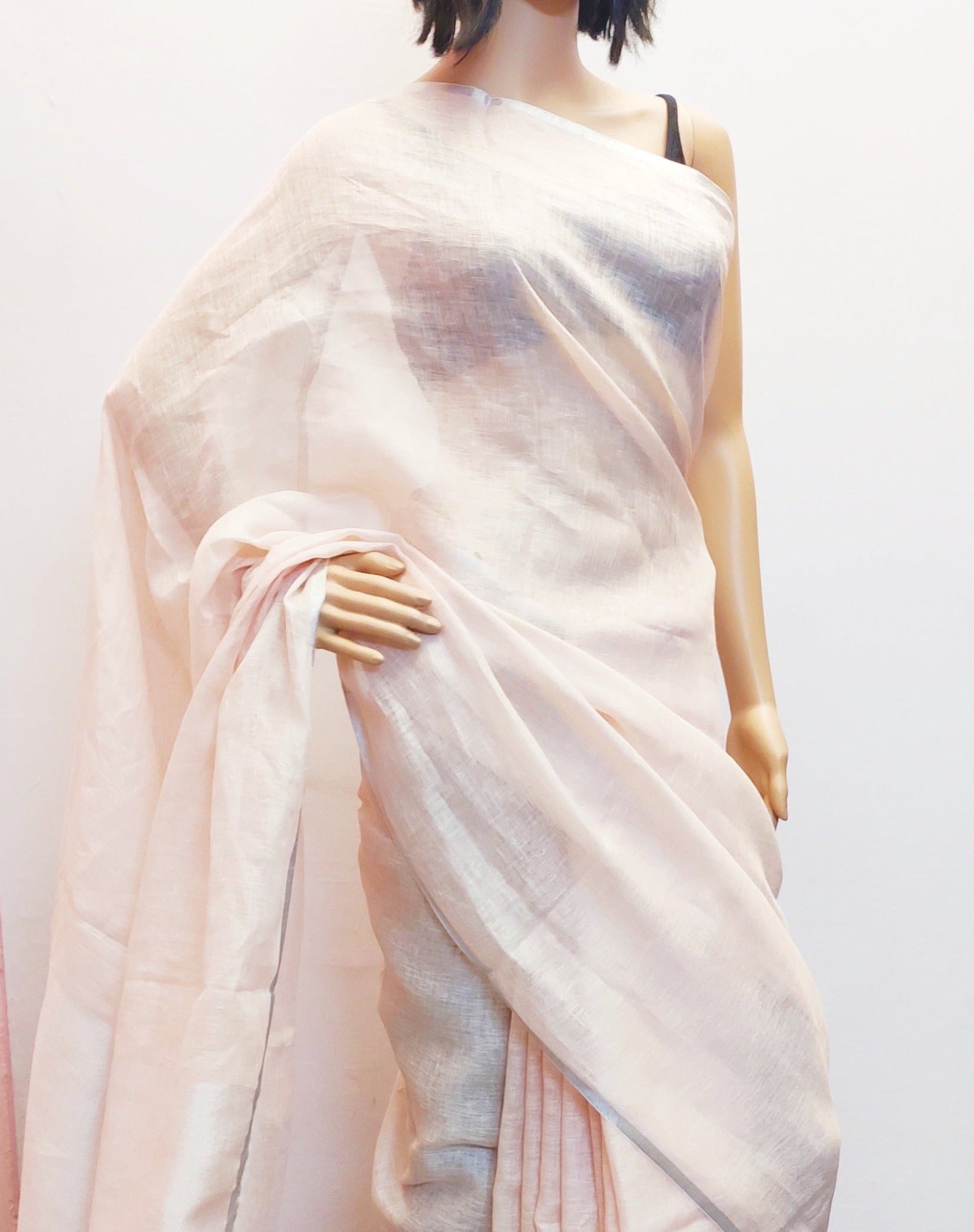 Baby Pink Handloom Pure Linen Saree | Peepal Clothing
