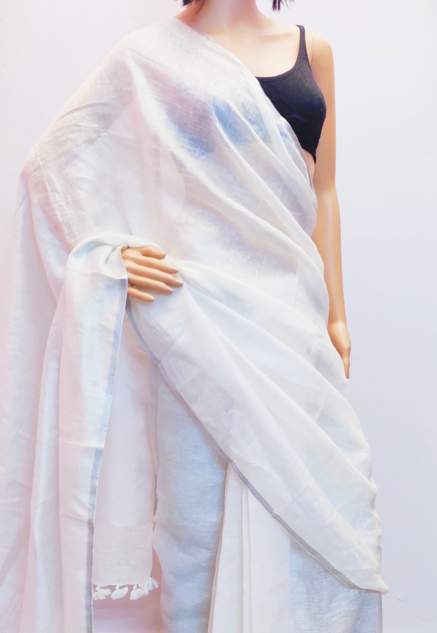 White Handloom Pure Linen Saree | Peepal Clothing