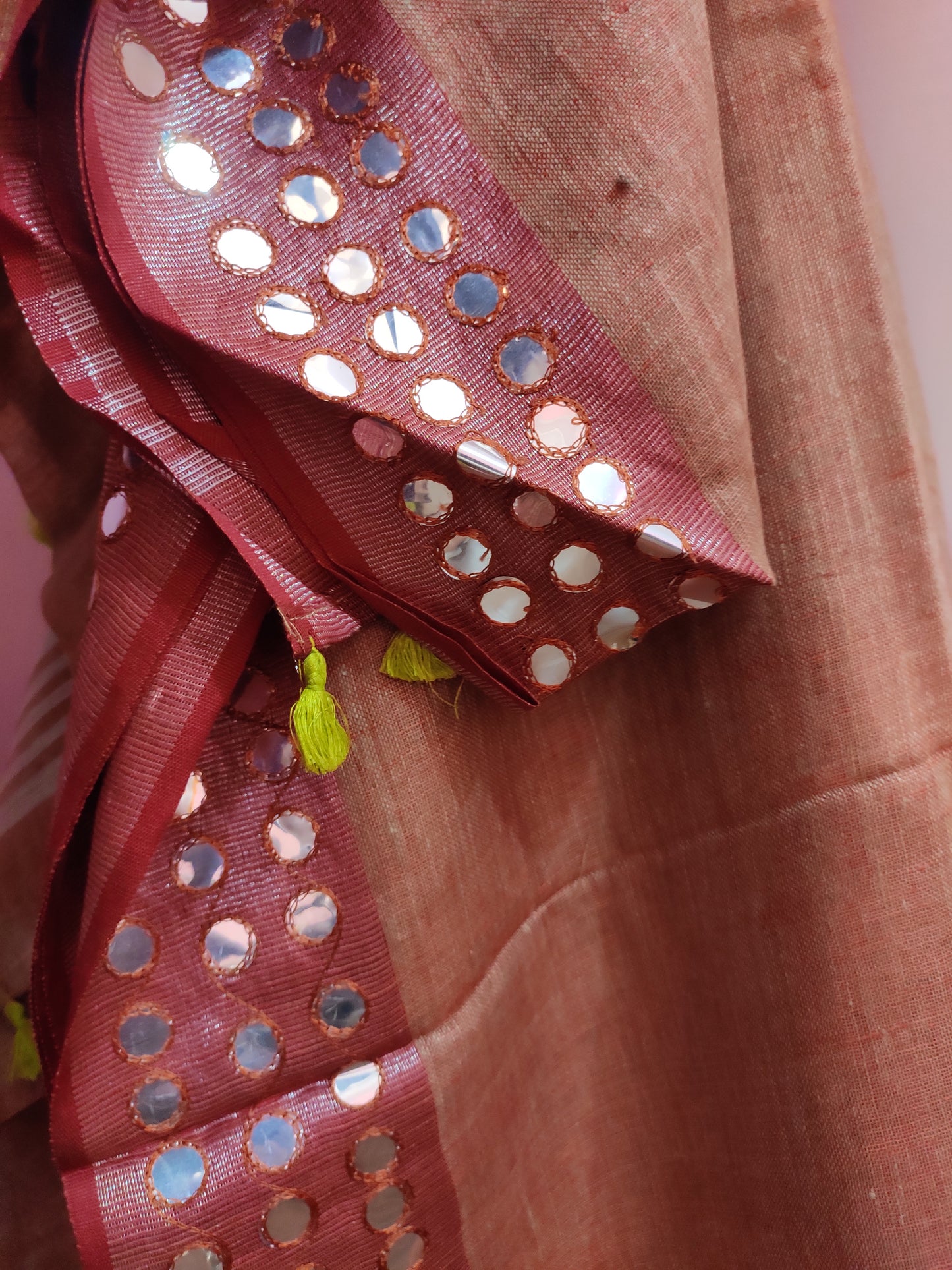  Wine Mirror Embroidered Linen Saree | Peepal Clothing