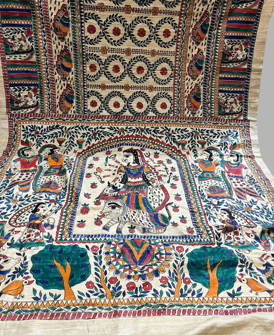 Multicolor Hand Painted Madhubani Tussar Ghicha Silk Saree - Luxurionworld  – Luxurion World