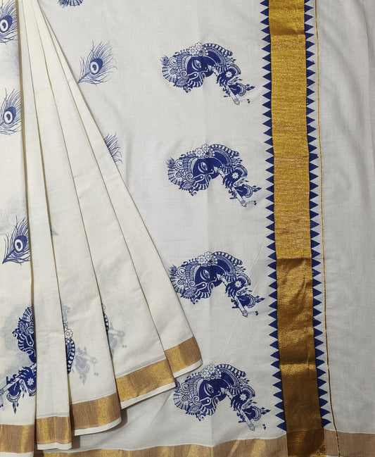 Krishna Mural Printed Kerala Cotton Saree | Peepal Clothing