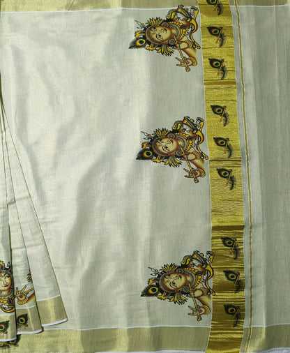 Krishna Mural Printed Tissue Saree