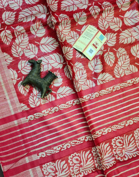 Leaf Printed Red Tussar Ghicha Silk Saree| Peepal Clothing