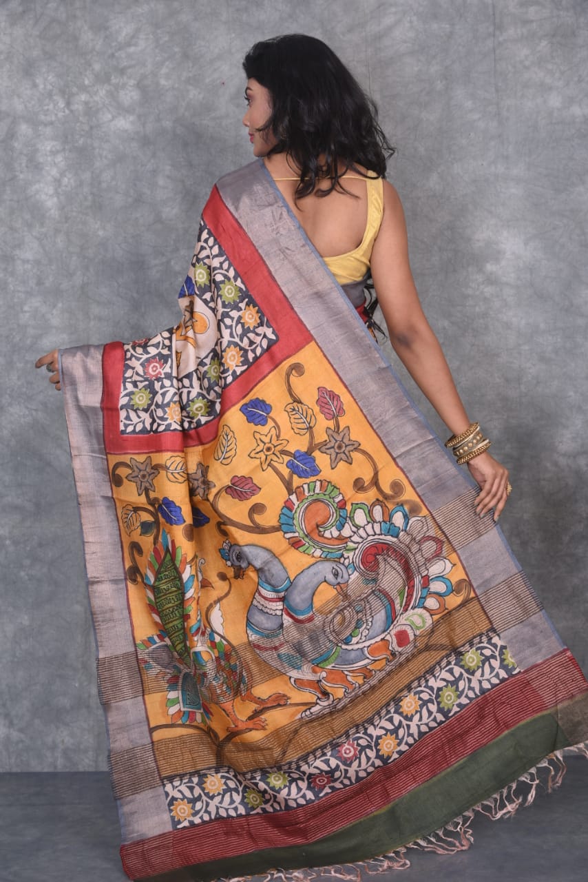 Citrus Yellow Hand Painted Kalamkari Saree Design by Kasturi Kundal at  Pernia's Pop Up Shop 2024