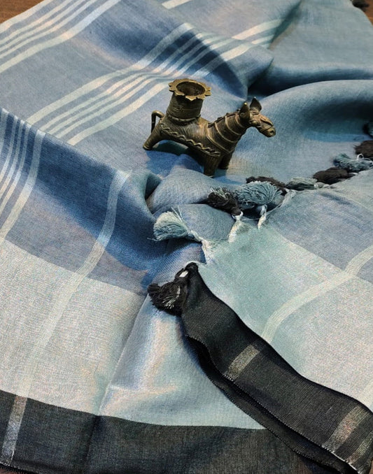 Light Blue Plain Linen Saree | Peepal Clothing