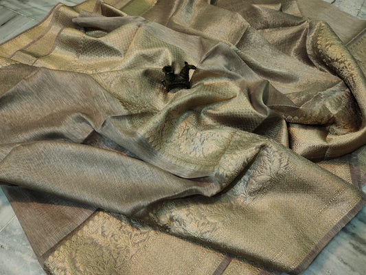 Light Grey Pure Silk Linen Banarasi Saree | Pipal Clothing