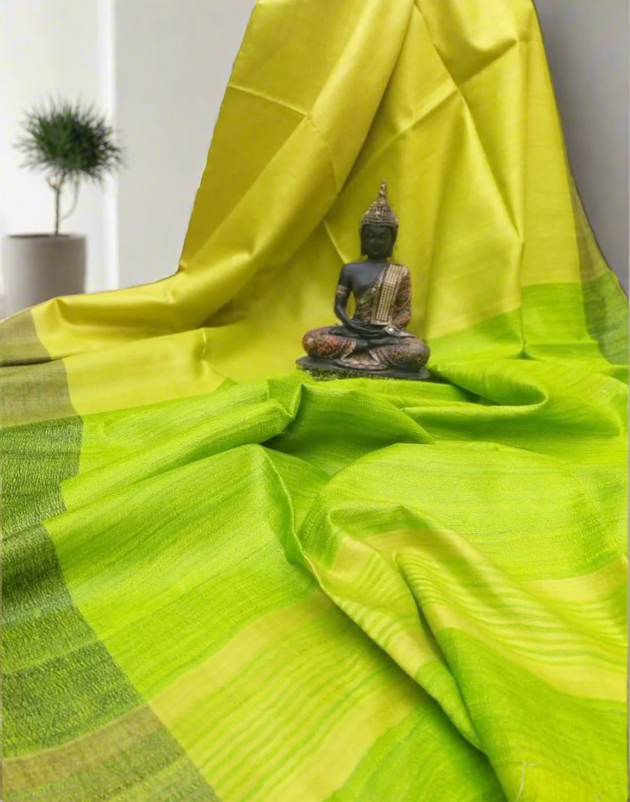 Lime Korean tussar ghicha pallu saree with staple body| Peepal Clothing
