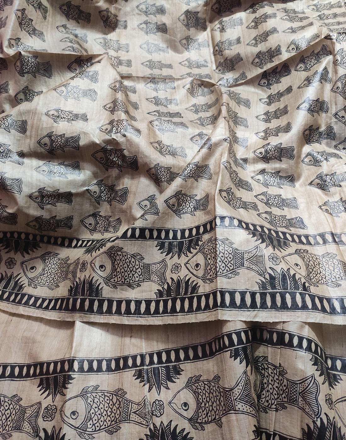 Madhubani Hand painted Tussar Silk Saree Featuring Fish Motifs | Peepal Clothing