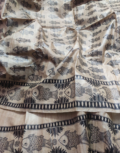 Madhubani Hand painted Tussar Silk Saree Featuring Fish Motifs | Peepal Clothing