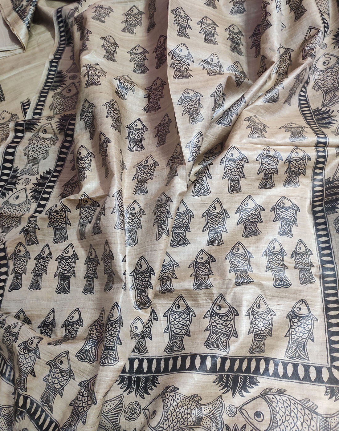 Madhubani Hand painted Tussar Silk Saree Featuring Fish Motifs | Peepal Clothing