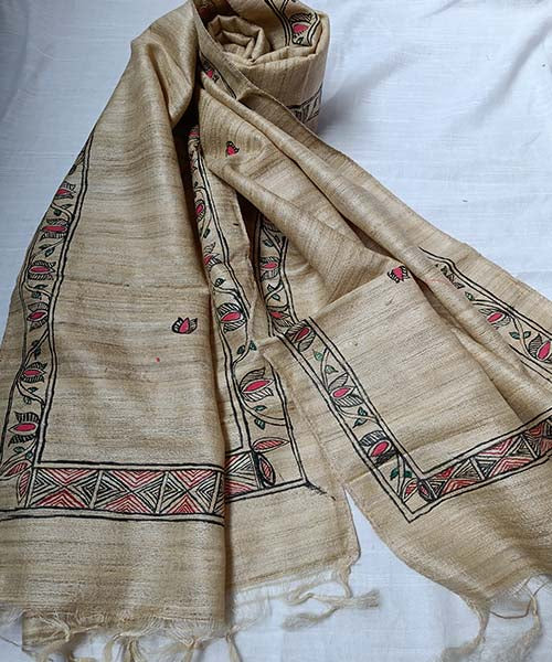 Madhubani Hand Painted Silk Stole | Peepal Clothing