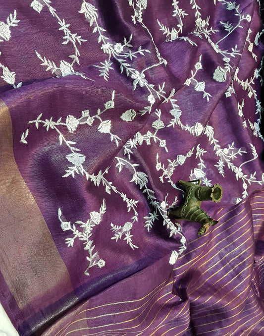 Magenta Embroidered Silk Linen Saree|Peepal Clothing
