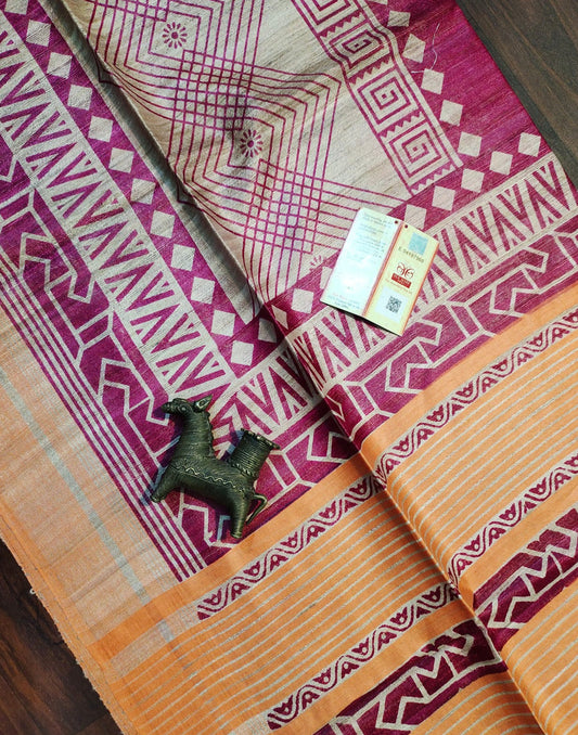 Magenta Geometrical Printed Tussar Ghicha Silk Saree| Peepal Clothing