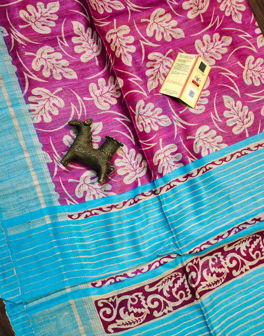 Magenta Leaf Printed Tussar Ghicha Silk Saree| Peepal Clothing