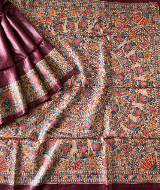 Magenta Madhubani hand painted Ghicha Tussar Silk Saree |Peepal Clothing