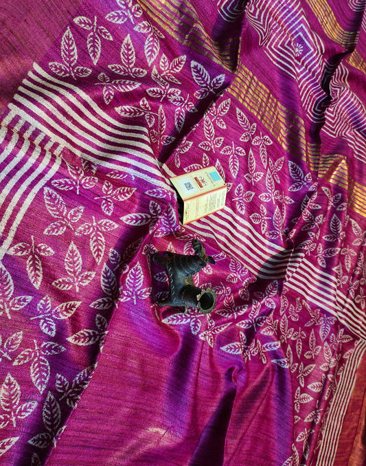 Magenta Printed Tussar Ghicha Silk Saree with Zari Border| Peepal Clothing