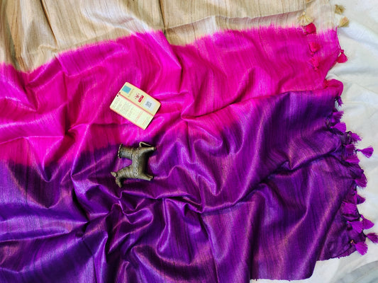 Magenta Purple Triple Dye Pure Tussar Ghicha Silk Saree | Peepal Clothing