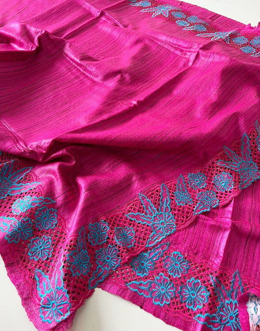 Magenta Hand Cutwork Tussar Ghicha Silk Saree | Peepal Clothing