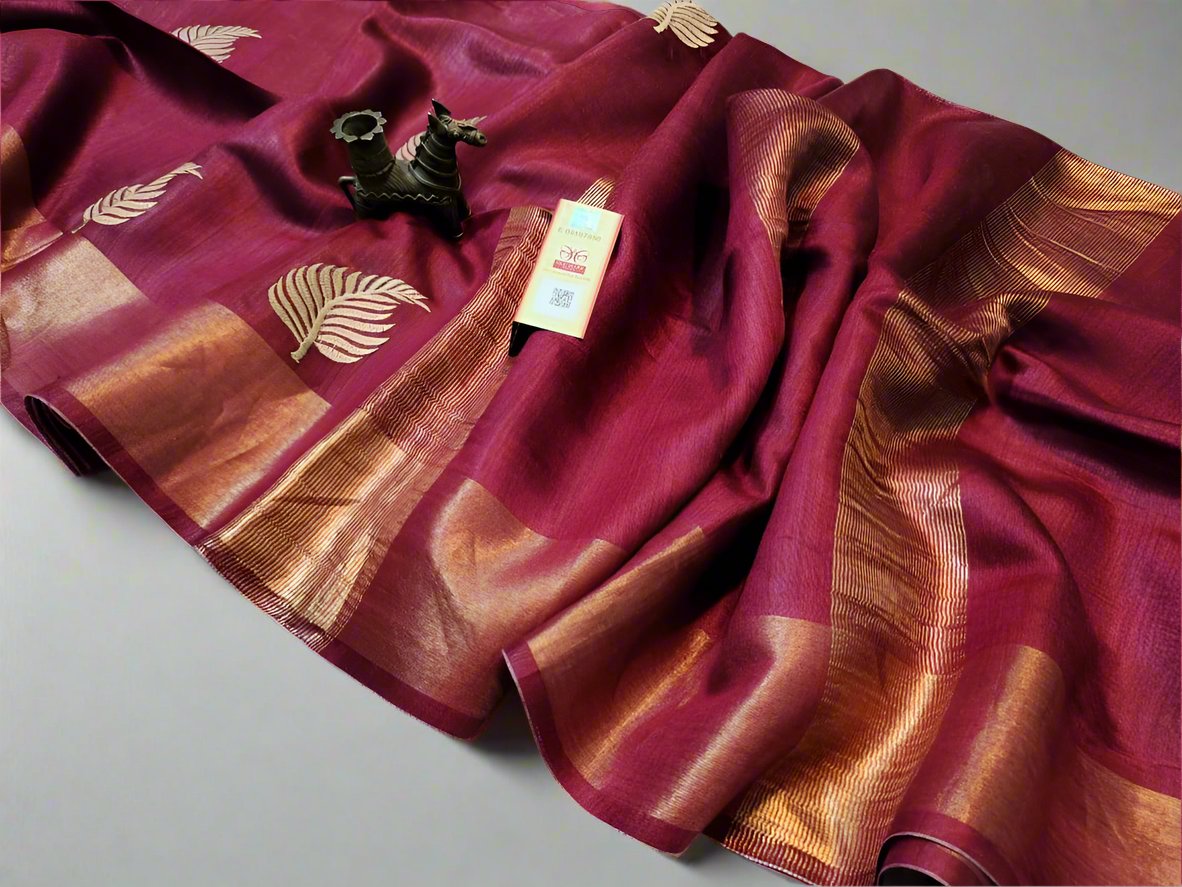 Buy Magenta Tussar Munga Embroidered Silk Saris | PeepalClothing