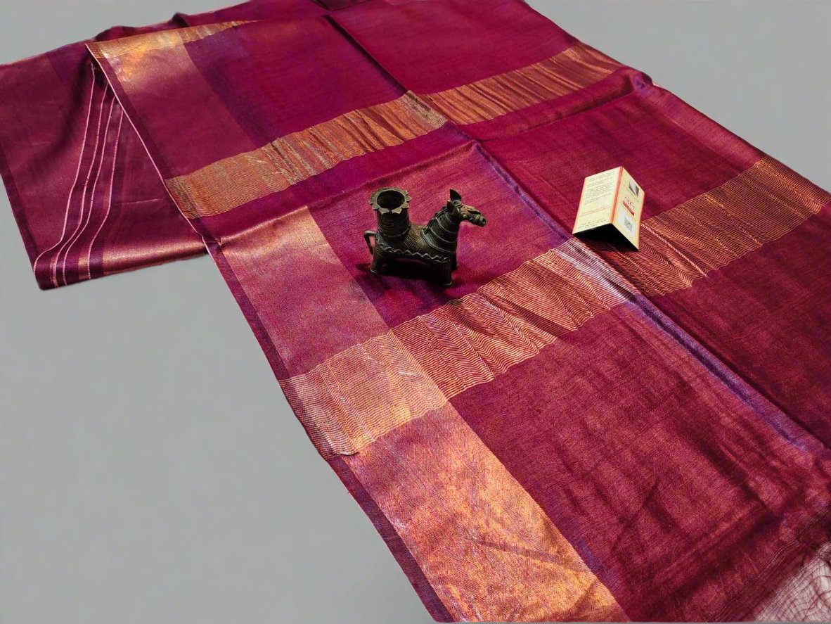 Buy Magenta Tussar Munga Zari Border Saree | Peepal Clothing