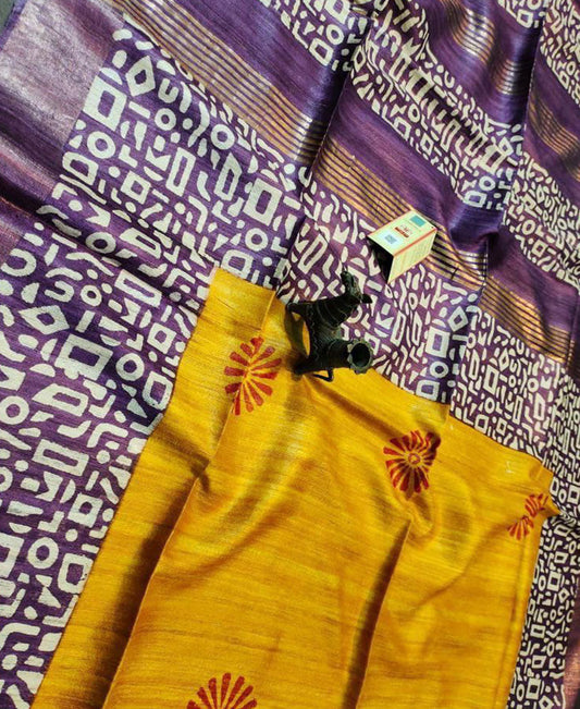 Magenta and Mustard Floral Printed Tussar Ghicha Silk Saree with Zari Border | Peepal Clothing