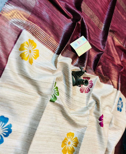 Magenta and Off-white Floral Printed Tussar Ghicha Silk Saree with Zari Border | Peepal Clothing