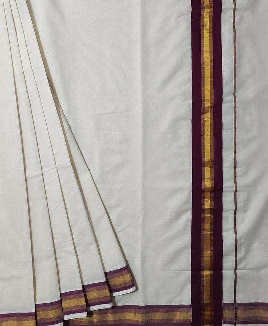 Maroon Border Kerala Cotton Saree | Peepal Clothing