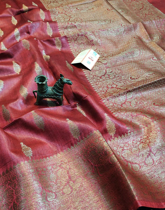 Maroon Buta Motif Tussar Munga Silk Saree with Zari Border | Peepal Clothing