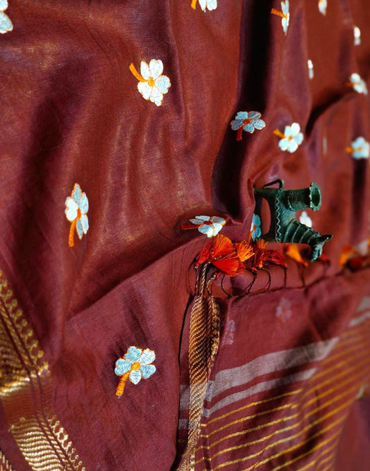 Maroon Embroidered Pure Silk Linen Saree | Peepal Clothing