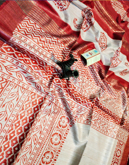 Maroon Floral Printed Tussar Ghicha Silk Saree with Zari Border| Peepal Clothing