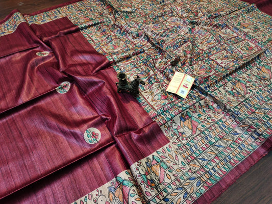 Maroon Madhubani Hand Painted Silk Saree | Peepal Clothing