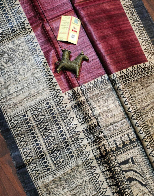 Maroon Madhubani Printed Silk Saree| Peepal Clothing