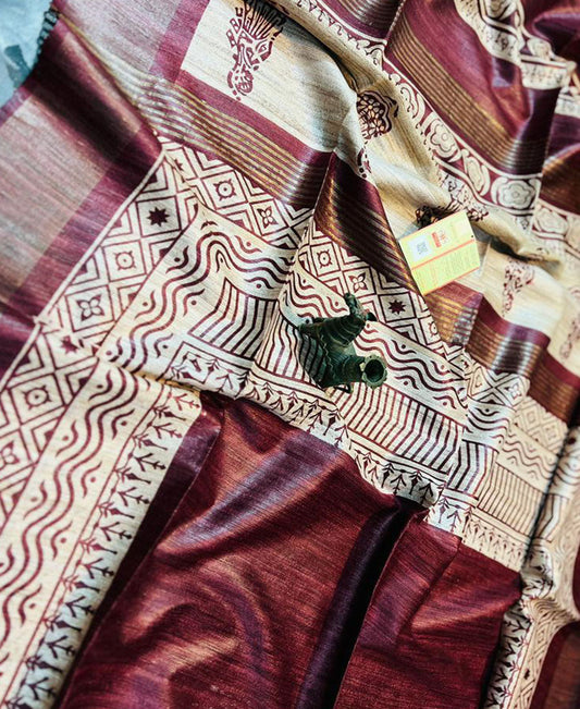 Maroon Printed Tussar Ghicha Silk Saree with Zari Border | Peepal Clothing