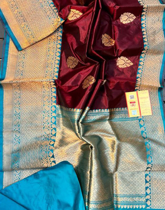 Maroon Pure Katan Silk Saree Featuring Weaved Buta and Blue Border | Peepal Clothing