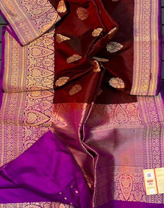 Maroon Pure Katan Silk Saree Featuring Weaved Buta | Peepal Clothing