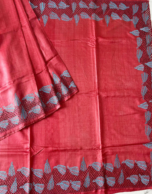 Maroon Hand Cutwork Tussar Ghicha Silk Saree | Peepal Clothing