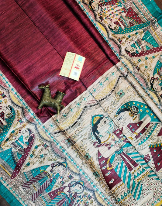Maroon Tussar Ghicha Madhubani Printed Silk Saree| Peepal Clothing