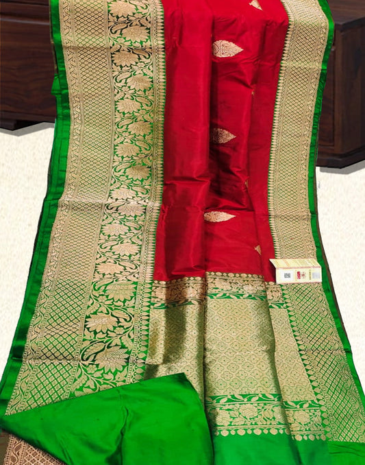 Maroon and Green Pure Katan Silk Saree | Peepal Clothing