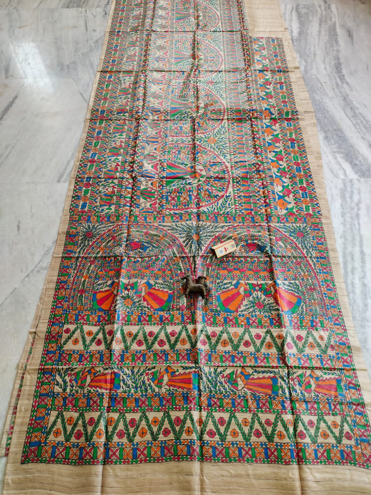 Mayur Madhubani Hand Painted Tussar Ghicha Silk Saree by Peepal Clothing