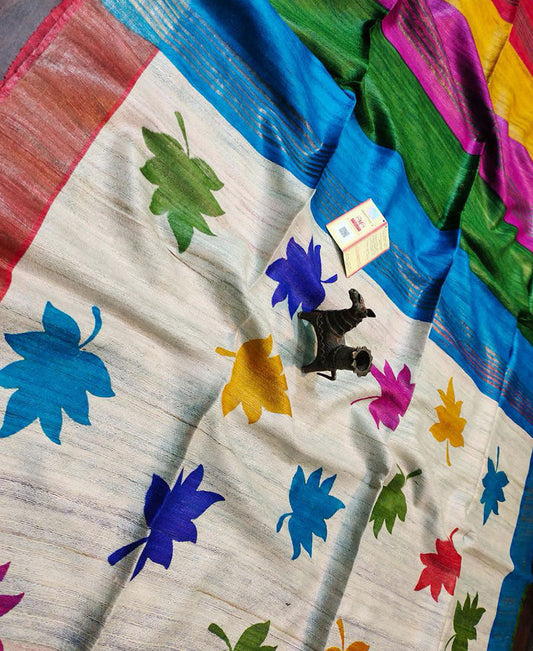 Multi Color Leaf Printed Tussar Ghicha Silk Saree with Zari Border | Peepal Clothing