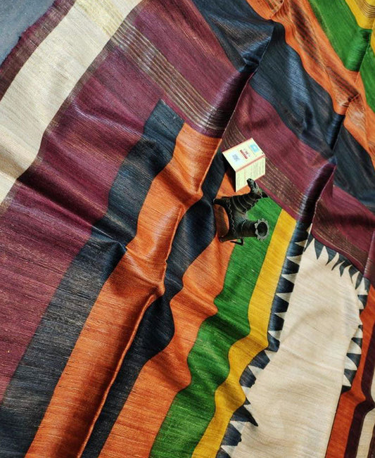 Multi Color Printed Tussar Ghicha Silk Saree with Zari Border | Peepal Clothing