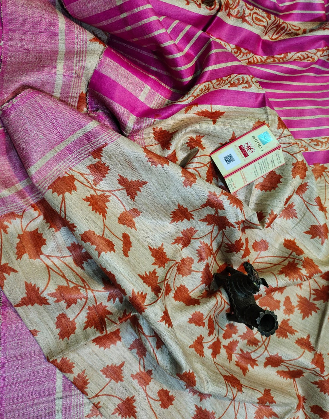 Multi color Leaf Printed Tussar Ghicha Silk Saree| Peepal Clothing