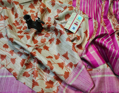 Multi color Leaf Printed Tussar Ghicha Silk Saree| Peepal Clothing