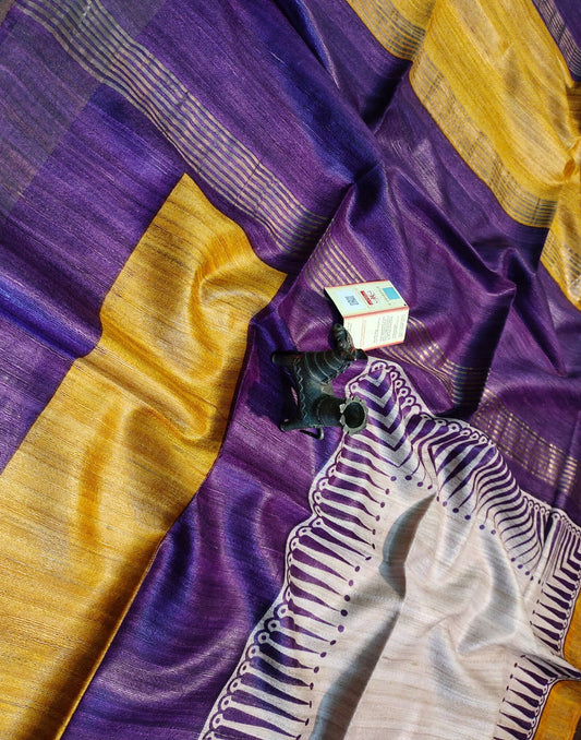 Multi-colour Tussar Ghicha printed Silk Saree with Zari Border| Peepal Clothing