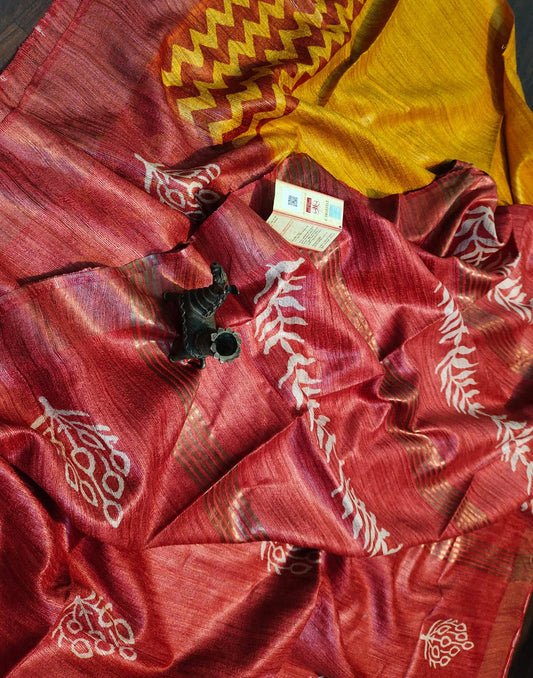Mustard-maroon Printed Tussar Ghicha Silk Saree with Zari Border| Peepal Clothing