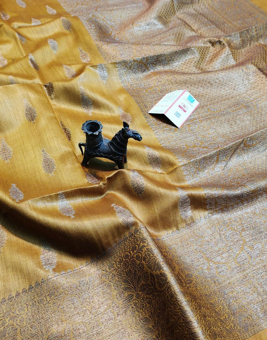 Mustard Buta Motif Tussar Munga Silk Saree with Zari Border | Peepal Clothing