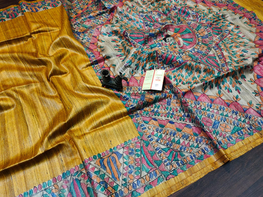 Mustard Madhubani Hand Painted Silk Saree | Peepal Clothing
